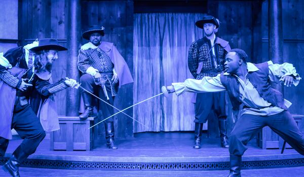 The Three Musketeers (from left, Benedetto Robinson, O’Neil Delapenha and Kevin Roost) challenge D’Artagnan (Daryel T. Monson).