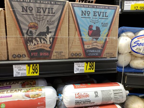 Americans eat more chicken than any other meat. But a growing array of businesses are offering consumers plant-based chicken substitutes. Many are relatively small operations, such as Asheville, N.C.-based No Evil Foods, which supplies a number of retailers in metro Atlanta, including some Kroger and Walmart stores. Tyson Foods, one of the largest U.S. meat producers, said it will launch its own plant-based nugget product this summer. MATT KEMPNER / AJC
