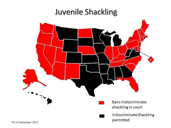 Georgia is among the states that still permit indiscriminate shackling of youths in court. CONTRIBUTED BY NATIONAL JUVENILE DEFENDER CENTER