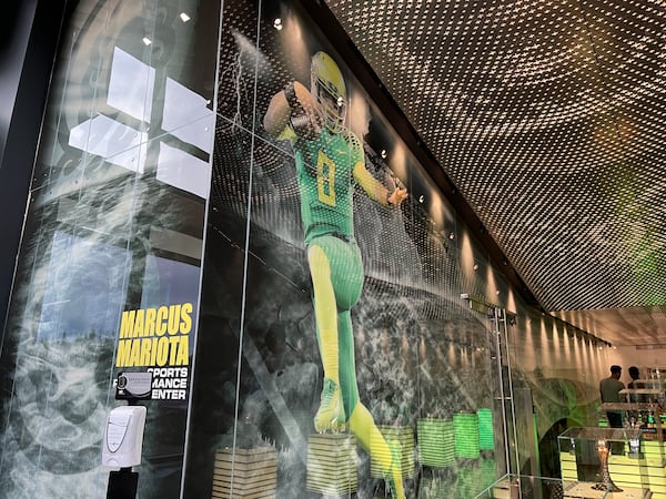 The Oregon Ducks have found numerous ways to honor their Heisman Trophy-winning quarterback Marcus Mariota. They have a whole building named after him. (Photo by Chip Towers/ctowers@ajc.com)