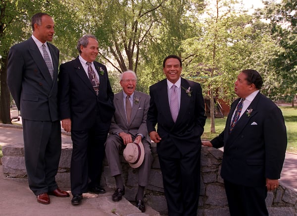 After the Olympics, Young turned more of his attention to economic development through GoodWorks and the Southern African Enterprise Development Fund. He also found time to burnish his legacy and to serve as a living link to Atlanta's Civil Rights past. In 1997, he joined four other living Atlanta mayors (Bill Campbell, Sam Massell, Ivan Allen Jr. and Maynard Jackson) in the dedication of the "Mayors Grove" at Piedmont Park. (Rich Addicks / AJC file)