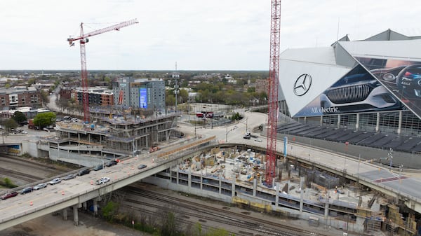 A drone image shows the progress of the first two new buildings in the Centennial Yards development project. One will include a 304-unit apartment tower, while the other is a 292-room hotel.
Miguel Martinez /miguel.martinezjimenez@ajc.com