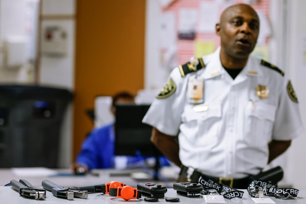 Col. Temetris Atkins, Commander of Cobb County Adult Detention Center, talks about the new medical tracking devices on Tuesday, May 31, 2022.  (Natrice Miller / natrice.miller@ajc.com)

