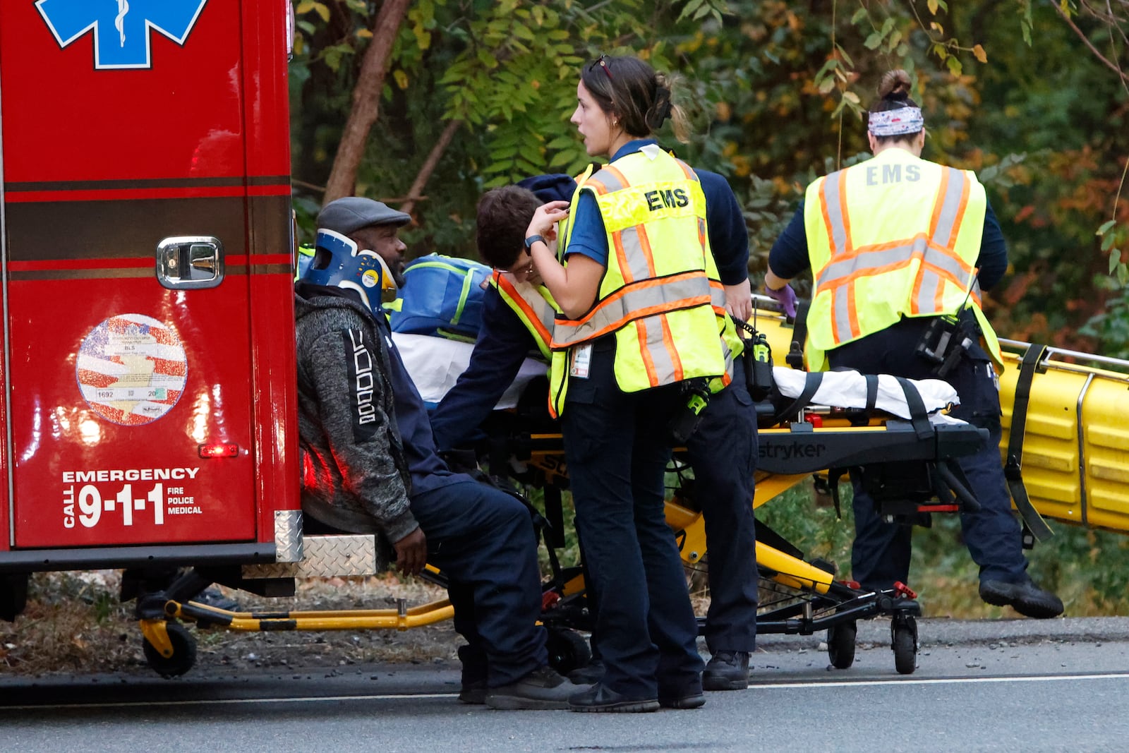 Fire and rescue personnel are on the scene of a train accident in Mansfield Twp., Burlington County, Monday, Oct. 14, 2024. (Alejandro A. Alvarez/The Philadelphia Inquirer via AP)