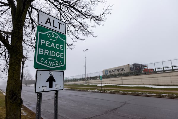 The Peace Bridge connects the United States and Canada, Thursday, Feb. 27, 2025, in Buffalo, N.Y. (AP Photo/Lauren Petracca)