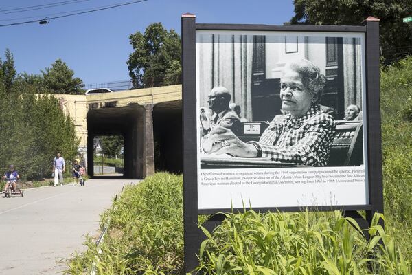 From now through through Dec. 1, a walk along the Atlanta Beltline can also provide an opportunity for a civil rights history lesson. In this photo is Grace Towns Hamilton, the first African American woman elected to the Georgia Legislature. ALYSSA POINTER / ALYSSA.POINTER@AJC.COM