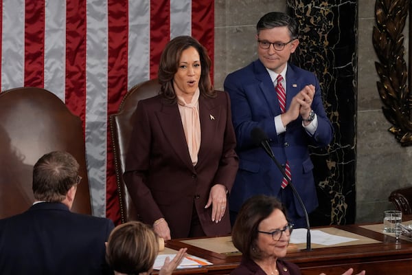 Vice President Kamala Harris, left, adjourns as House Speaker Mike Johnson of La., looks on as a joint session of Congress convenes to confirm the Electoral College votes, affirming President-elect Donald Trump's victory in the presidential election, Monday, Jan. 6, 2025, at the U.S. Capitol in Washington. (AP Photo/Manuel Balce Ceneta)