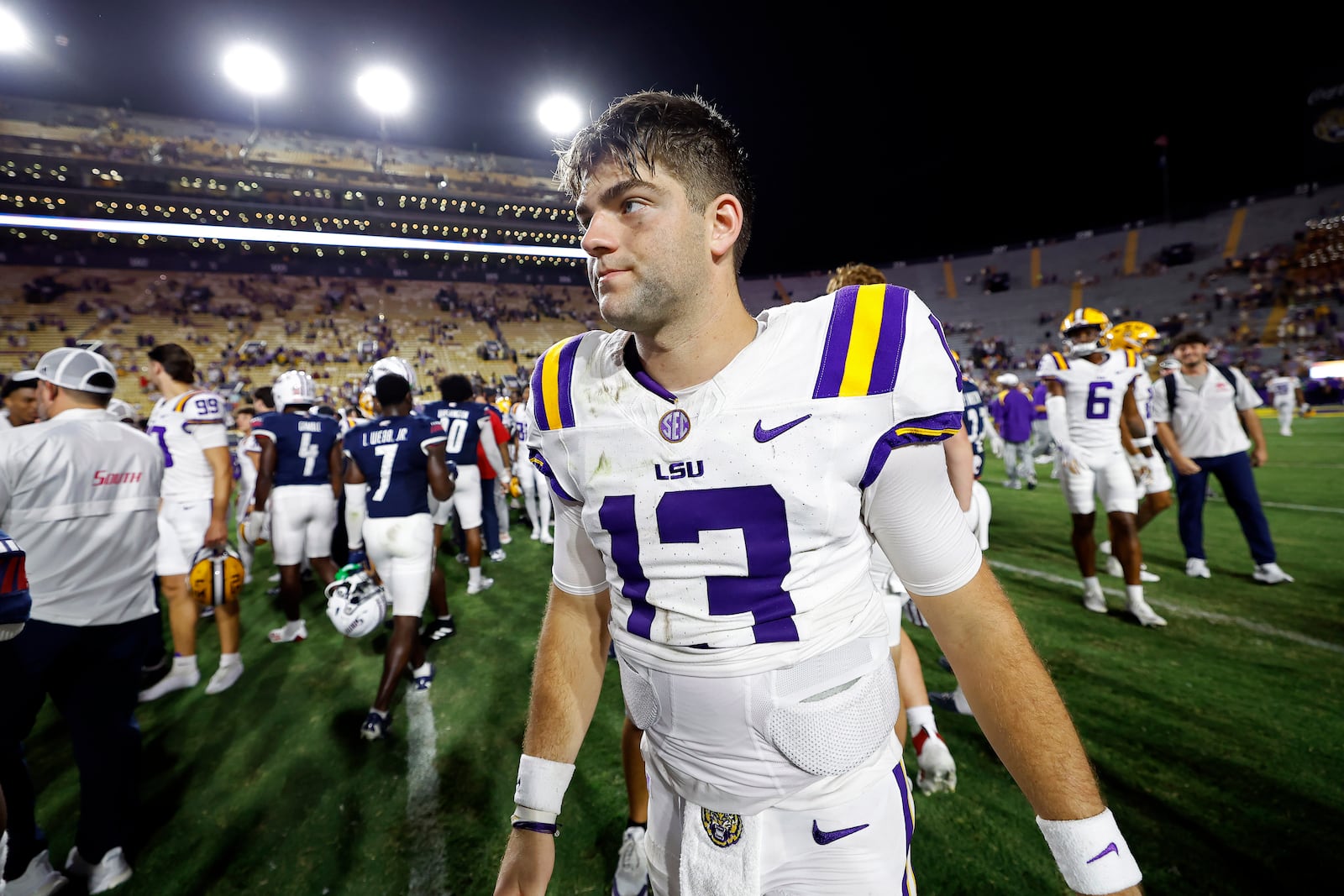 LSU quarterback Garrett Nussmeier (13) walks off the field after an NCAA college football game against South Alabama in Baton Rouge, La., Saturday, Sept. 28, 2024. LSU won 42-10. (AP Photo/Tyler Kaufman)