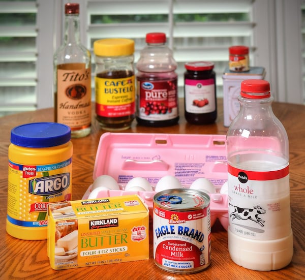 Basic ingredients used in these pie recipes include (foreground) cornstarch, butter, eggs, sweetened condensed milk, and whole milk. Additional ingredients (background) give each pie its distinctive identity. STYLING BY PAUL ARGUIN AND CHRIS TAYLOR / CONTRIBUTED BY CHRIS HUNT PHOTOGRAPHY