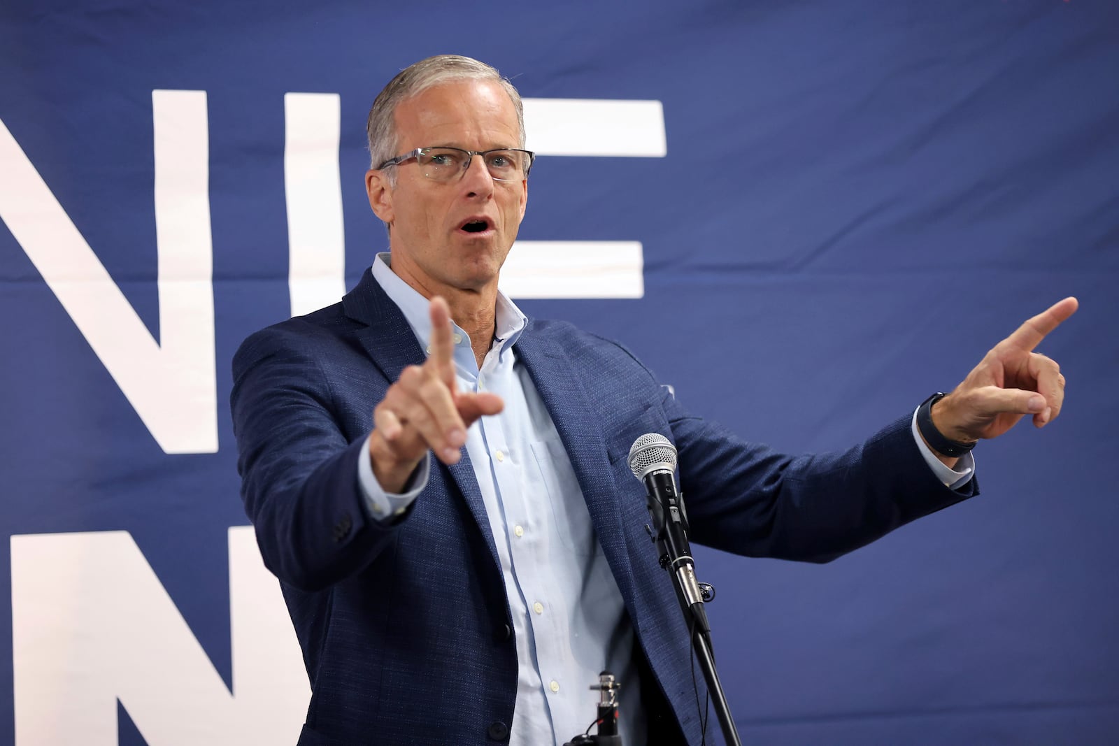 Sen. John Thune of South Dakota, speaks in support of Ohio Republican candidate for the United States Senate, Bernie Moreno (not pictured) during a bus tour stop for the Ohio Senate race in Columbus, Ohio, Monday, Oct. 28, 2024. (AP Photo/Joe Maiorana)