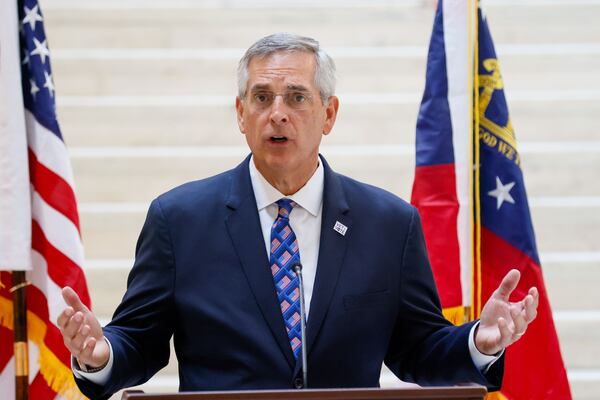 Secretary of State Brad Raffensperger held a news conference at the Georgia State Capitol on Tuesday, July 16, 2024, to provide an election update to the media. (Miguel Martinez / AJC)