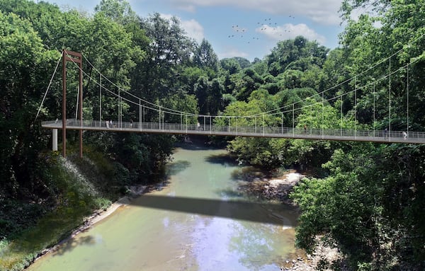 A rendering of a proposed suspension bridge over Peachtree Creek that is part of the Atlanta Beltline's Northwest Trail. Courtesy of the Atlanta Beltline.