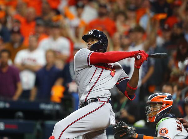 Braves outfielder and MVP Jorge Soler crushes a 3-run homer against the Astros during the third inning in game 6 of the World Series on Tuesday, Nov. 2, 2021, in Houston.   “Curtis Compton / Curtis.Compton@ajc.com”