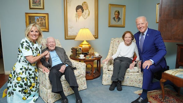 Shortly after winning the 2020 presidential election, Joe Biden, far right, and his wife, Jill, far left, visited former President Jimmy Carter and Rosalynn Carter at their home in Plains,.