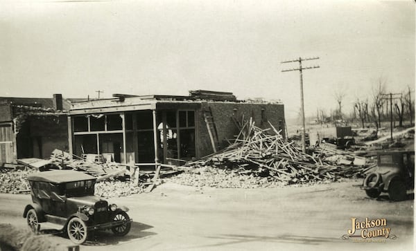 This photo provided by the Jackson County (Ill.) Historical Society shows the DeSoto, Ill., business district after a tornado tore through Indiana, Illinois, and Missouri in March 1925. (Jackson County (Ill.) Historical Society via AP)