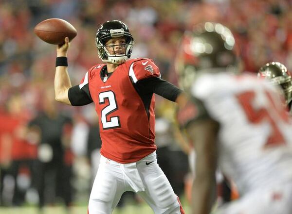 Atlanta Falcons quarterback Matt Ryan (2) gets off a touchdown pass against the Tampa Bay Buccaneers in the first half during the first half in their NFL football game on Thursday, September 18, 2014. HYOSUB SHIN / HSHIN@AJC.COM