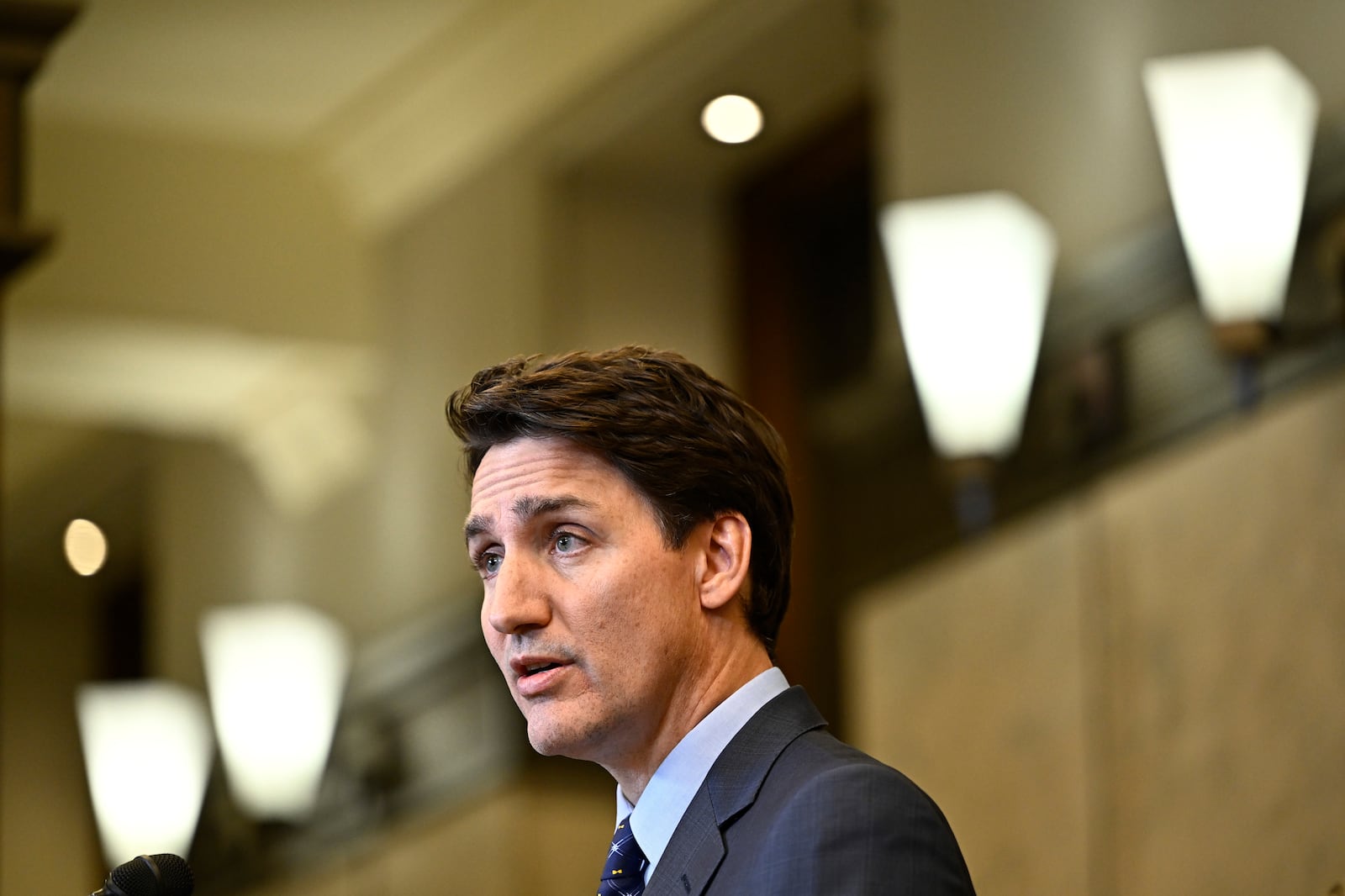 Canadian Prime Minister Justin Trudeau speaks at a news conference on the investigative efforts related to violent criminal activity occurring in Canada with connections to India, on Parliament Hill in Ottawa, Ontario, on Monday, Oct. 14, 2024. (Justin Tang/The Canadian Press via AP)