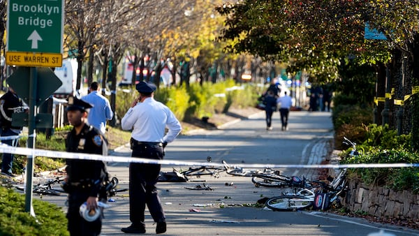 Bicycles and debris lay on a bike path after a motorist drove onto the path near the World Trade Center memorial, striking and killing several people Tuesday, Oct. 31, 2017.  (AP Photo/Craig Ruttle)