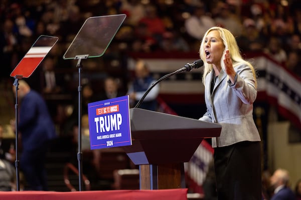 U.S. Rep. Marjorie Taylor Green, R-GA 14th District, speaks  during a rally for former president and Republican presidential candidate Donald Trump at Winthrop Coliseum in Rock Hill, South Carolina on Friday, February 23, 2024. (Arvin Temkar / arvin.temkar@ajc.com)