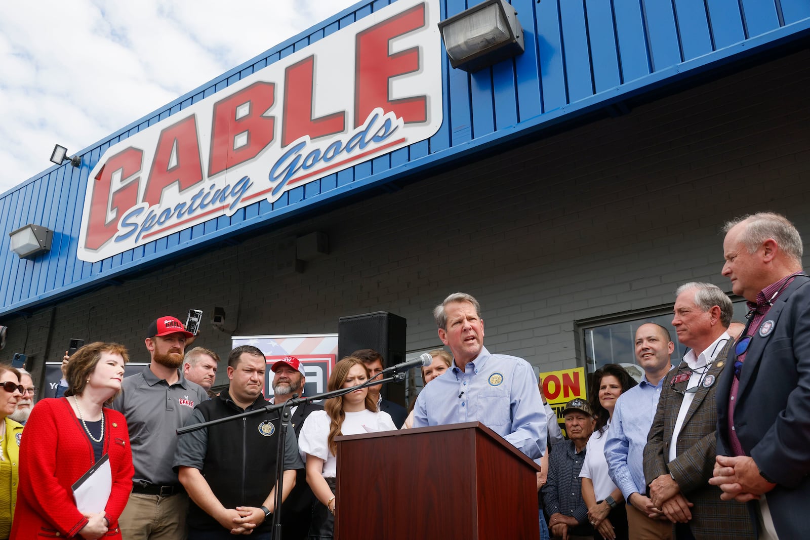 Republican Gov. Brian Kemp speaks before signing into law a bill in 2022 that allows Georgians to carry concealed handguns without a permit. (Bob Andres/The Atlanta Journal-Constitution/TNS)