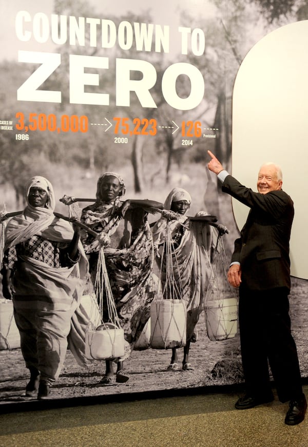 Former U.S. president Jimmy Carter speaks at a press conference at the preview of "Countdown to Zero: Defeating Disease", a new exhibit at the American Museum of Natural History, in New York City on Jan. 12, 2015. President Carter announced the provisional number of guinea worm cases counted in 2014 at the exhibit preview, one which uses photography, videography, and artifacts to highlight efforts made to eradicate disease. (Dennis Van Tine/Abaca Press/TNS)