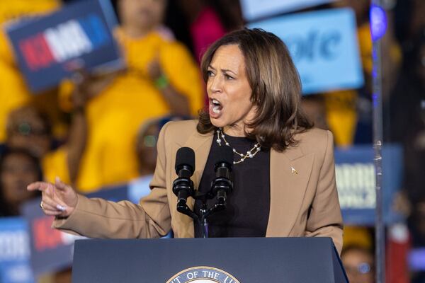 Democratic presidential candidate Vice President Kamala Harris speaks during her campaign rally at James R. Hallford Stadium in Clarkston on Thursday, Oct. 24, 2024. (Arvin Temkar/AJC)