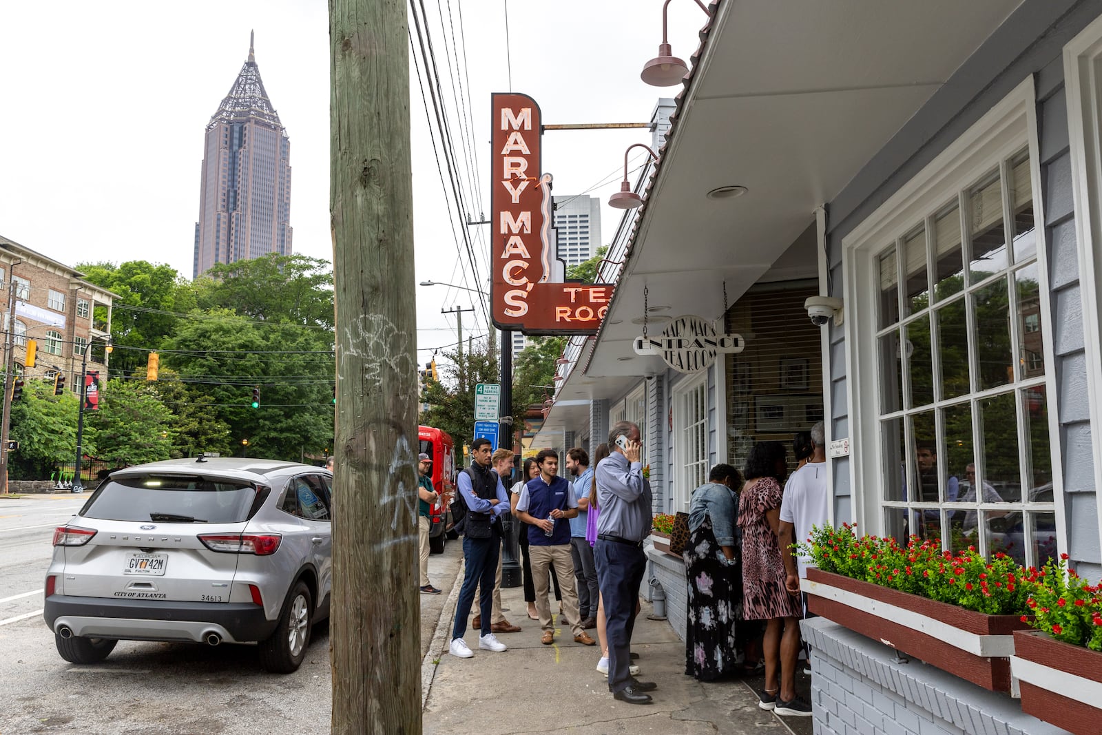 Customers arrive for the reopening of Mary Mac’s Tea Room on Wednesday.