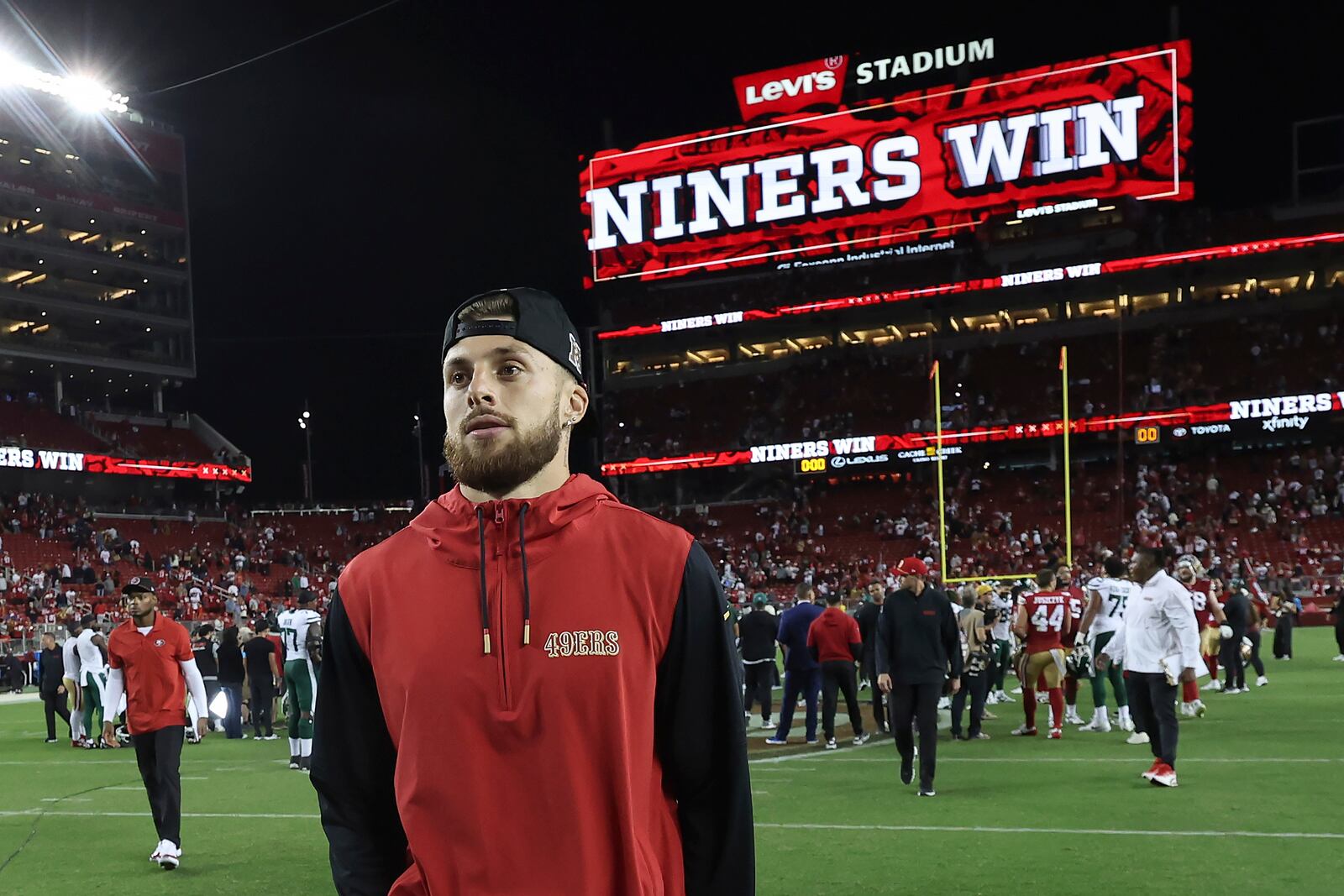 FILE - San Francisco 49ers wide receiver Ricky Pearsall walks off the field after an NFL football game against the New York Jets in Santa Clara, Calif., Monday, Sept. 9, 2024. (AP Photo/Jed Jacobsohn, File)