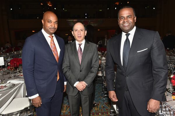 ATLANTA, GA - MAY 17: (L-R) Atlanta City Councilman Kwanza Hall, Group Chief Executive Qtar Airways, H.E. Akbar Al Baker and Atlanta Mayor Kasim Reed attend at Qatar Airways Gala at the Fox Theatre on May 17, 2016 in Atlanta, Georgia. (Photo by Moses Robinson/Getty Images for Qatar Airways)