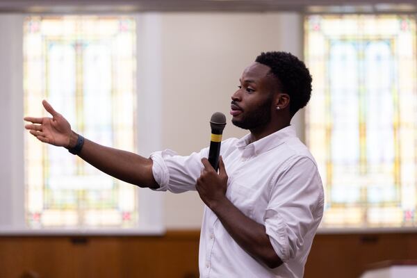 Democratic candidate for Georgia House District 56 Bryce Berry speaks to voters at an event at Calvary UMC church in Atlanta on Thursday, September 19, 2024. Berry is running against incumbent Mesha Mainor, R-Atlanta, a former Democrat who switched to the Republican Party. (Arvin Temkar / AJC)