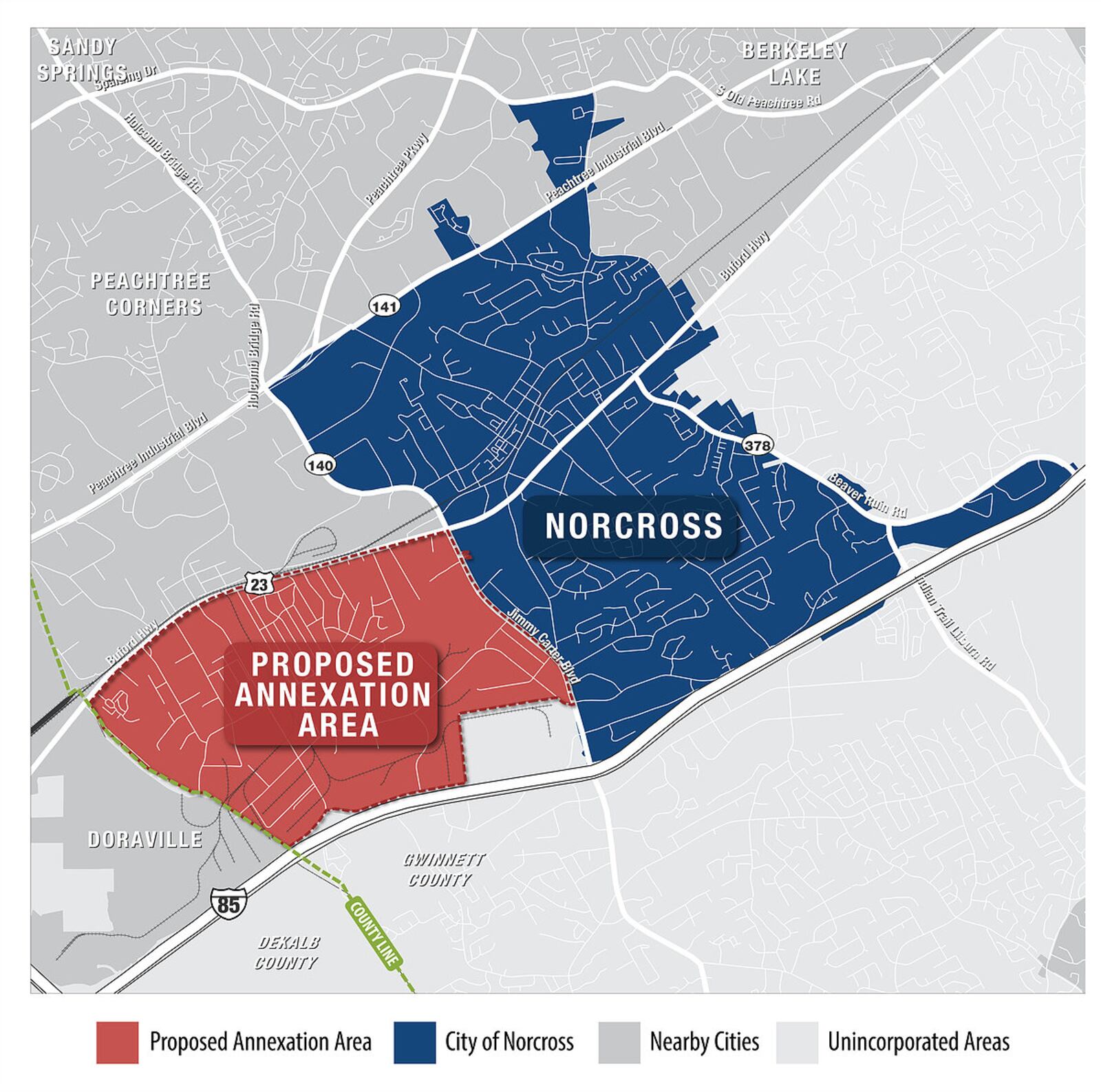 Norcross recently adopted a resolution announcing its intent to annex a neighboring portion of unincorporated Gwinnett. (Courtesy City of Norcross)