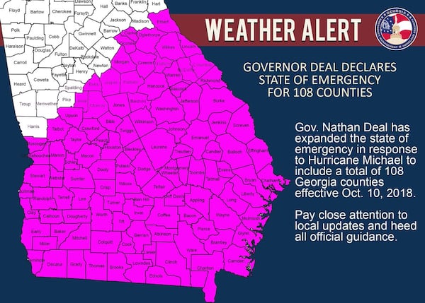 Gov. Nathan Deal expanded the state of emergency to include 16 more counties.