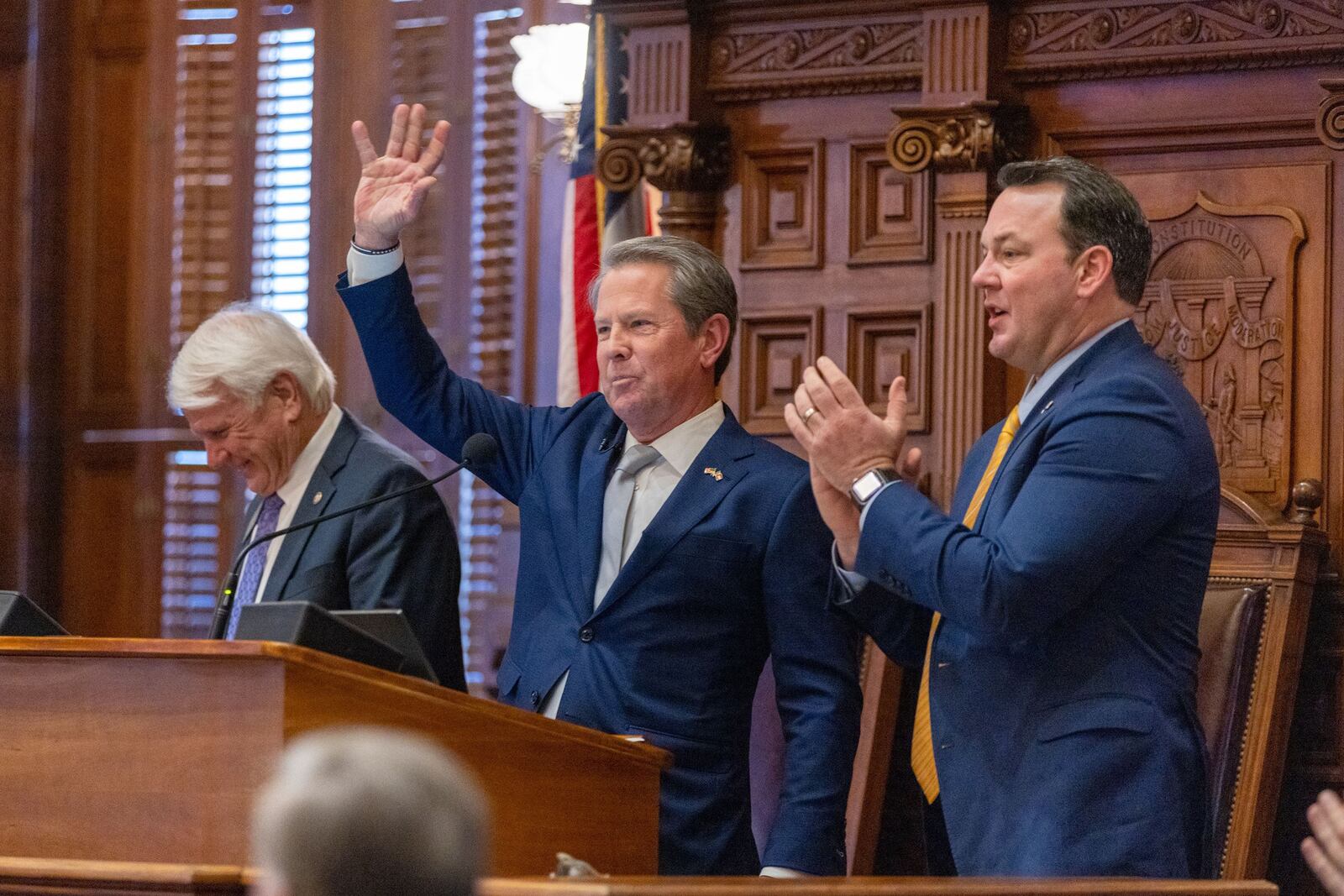 During his State of the State address on Thursday, Gov. Brian Kemp peppered his remarks with swipes at “failed” Washington policies — a stand-in for President Joe Biden and his congressional allies. (Arvin Temkar/The Atlanta Journal-Constitution/TNS)