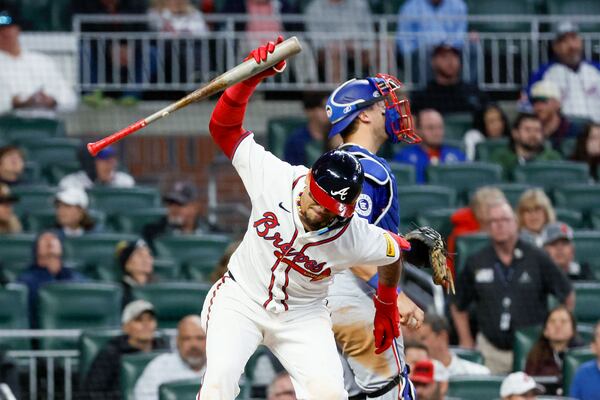 Atlanta Braves shortstop Orlando Arcia (11) shows his frustration after striking out during the eighth inning against the Texas Rangers at Truist Park on Sunday, April 21, 2024.
(Miguel Martinez/ AJC)