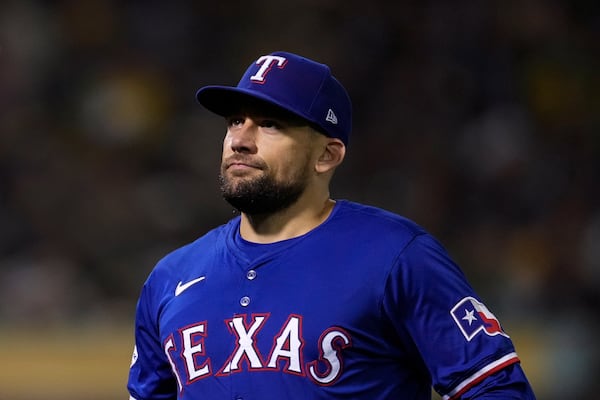 FILE - In this Sept. 24, 2024 photo, Texas Rangers' Nathan Eovaldi walks to the dugout after pitching against the Oakland Athletics during the sixth inning of a baseball game in Oakland, Calif. (AP Photo/Godofredo A. Vásquez, file)