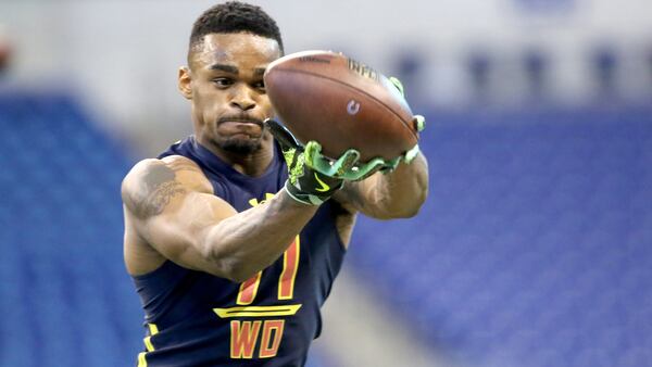 West Virginia wide receiver Shelton Gibson is seen in a drill at the 2017 NFL football scouting combine Saturday, March 4, 2017, in Indianapolis.