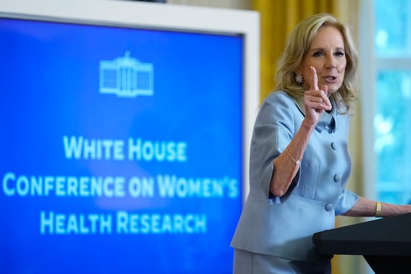 First lady Jill Biden speaks at the White House Conference on Women's Health Research from the East Room of the White House in Washington, Wednesday, Dec. 11, 2024. (AP Photo/Susan Walsh)