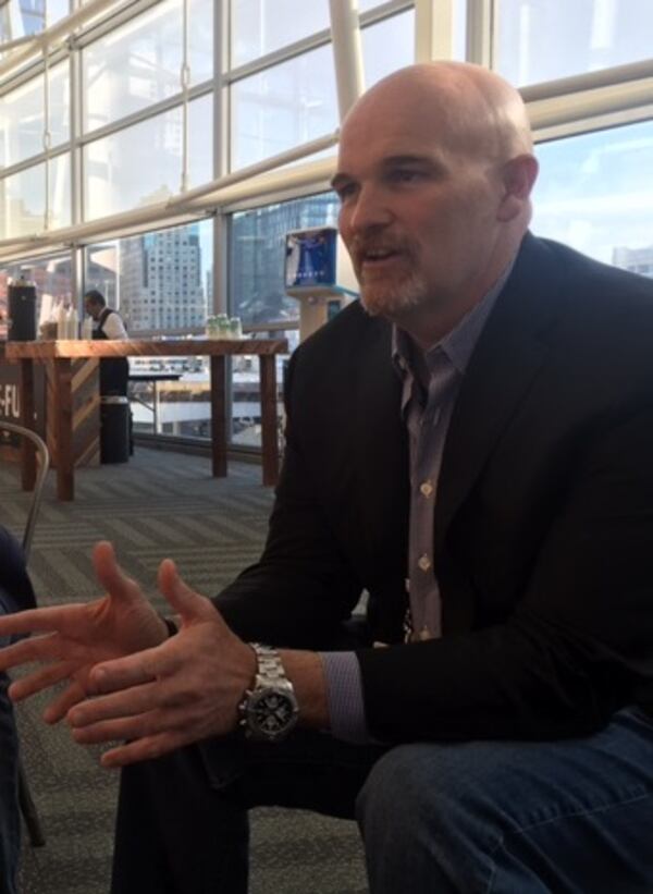 Falcons coach Dan Quinn in the media lounge at Super Bowl 50. (D. Orlando Ledbetter/dledbetter@ajc.com)