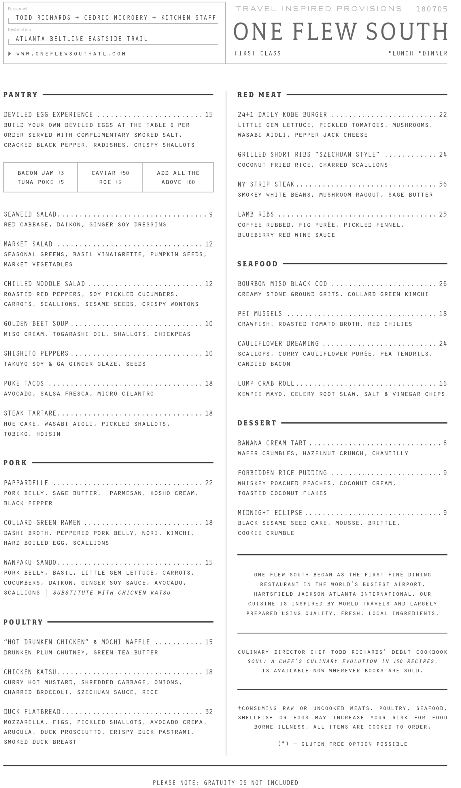 Menu for One Flew South