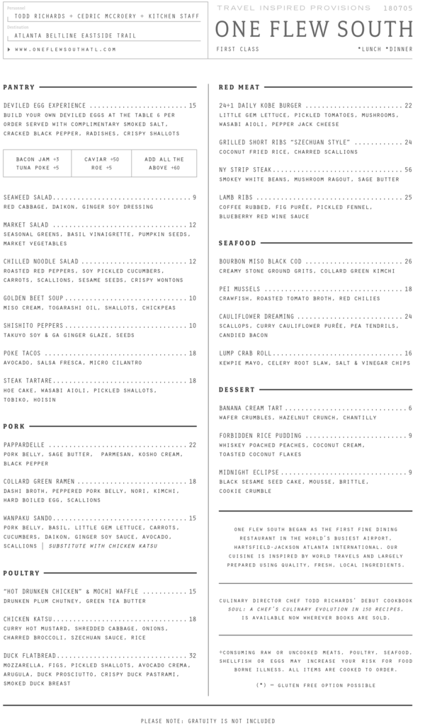 Menu for One Flew South