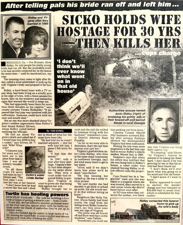 A headline from the National Examiner concerning the case of Alvin Ridley, who was charged with murdering his wife, Virginia. A jury found he did not do it.