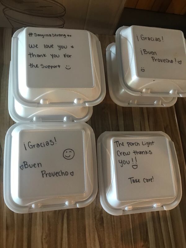 The restaurant writes messages of thanks and hope on its takeout boxes. LIGAYA FIGUERAS/LIGAYA.FIGUERAS@AJC.COM