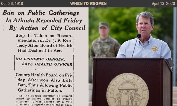 On Oct. 25, 1918, after less than three weeks of closures, the city's politicians overruled the Board of Health's recommendations, lifing the ban on public gatherings. On April 13, 2020, Gov. Brian Kemp extended the state's shelter-in-place order through the end of the month. (Ben Gray, for the AJC)