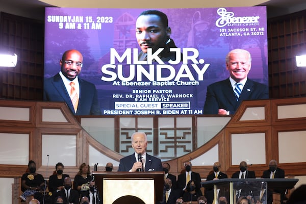 Last year, when Joe Biden became the first sitting president to deliver a Sunday sermon at Ebenezer Baptist Church, he framed the protection of ballot access as part of a broader pledge to “redeem the soul of America.” (Oliver Contreras/The New York Times)