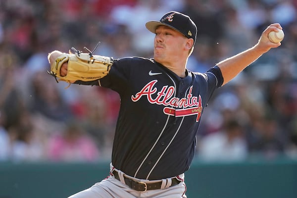 Atlanta Braves' Kolby Allard pitches during the first inning of the team's baseball game against the Cleveland Guardians, Tuesday, July 4, 2023, in Cleveland. (AP Photo/Sue Ogrocki)