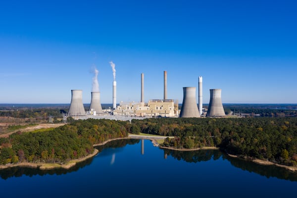 Plant Scherer, a Georgia Power plant, is seen from the air using a drone on Tuesday, November 9, 2021, near Juliette. (Elijah Nouvelage for The Atlanta Journal-Constitution)