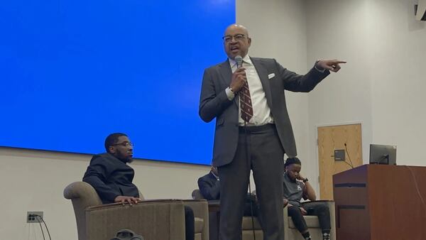 Morehouse College President David A. Thomas answers questions about President Joe Biden’s planned commencement speech during a student town hall meeting on campus. (Courtesy of Chauncey Alcorn/Capital B)