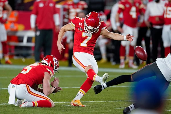 Kansas City Chiefs kicker Harrison Butker kicks a 49-yard field goal for the first points of Super Bowl 55 Sunday, Feb. 7, 2021, against the Tampa Bay Buccaneers in Tampa, Fla. (Ashley Landis/AP)