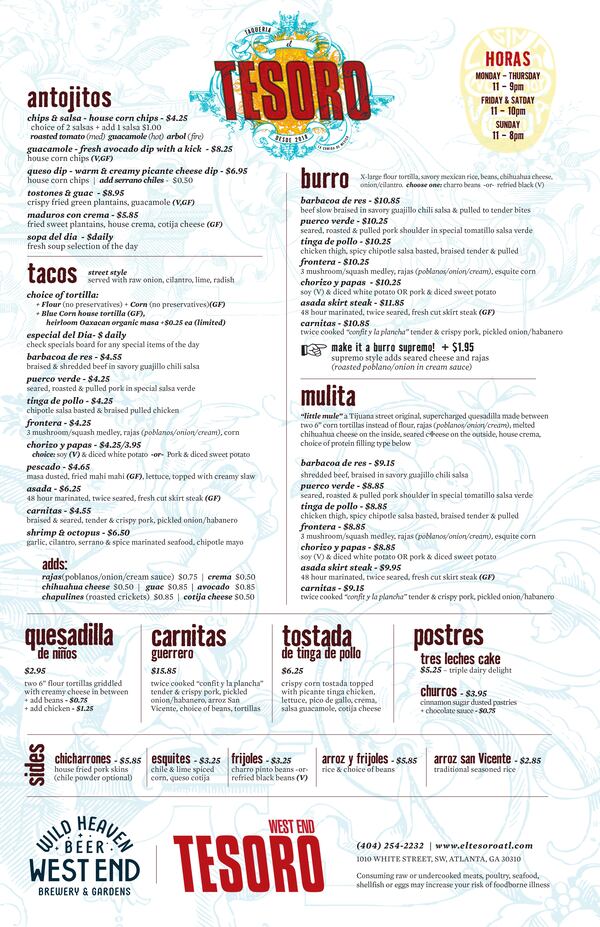 El Tesoro menu