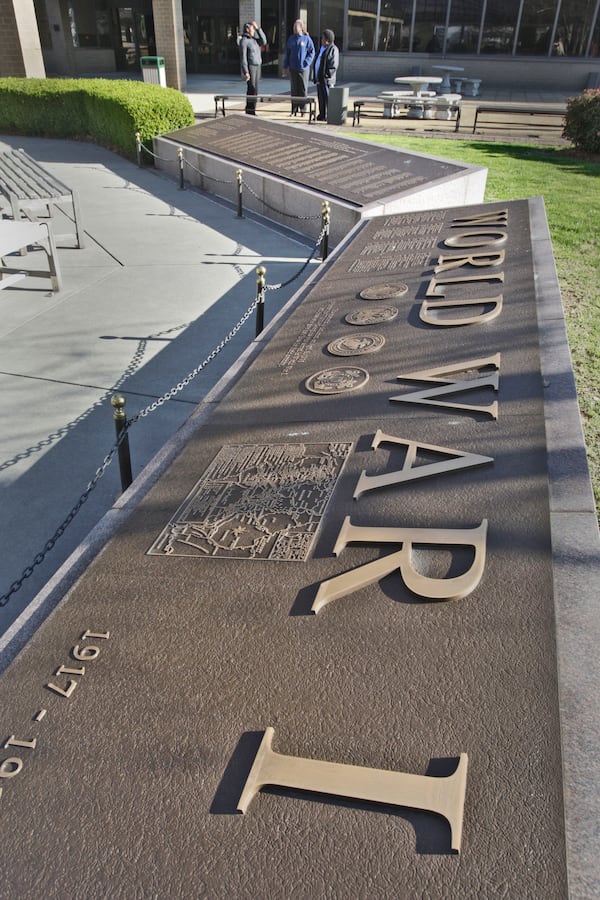 The World War I memorial at the Pete Wheeler Georgia War Veterans Memorial Plaza at the Floyd Veteran Memorial Building, lists Georgians killed in the war.  Bob Andres bandres@ajc.com